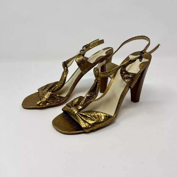 Max Studio Earling Gold Snakeskin Leather Ankle Strep Stacked Heel Size 8M - Picture 2 of 10